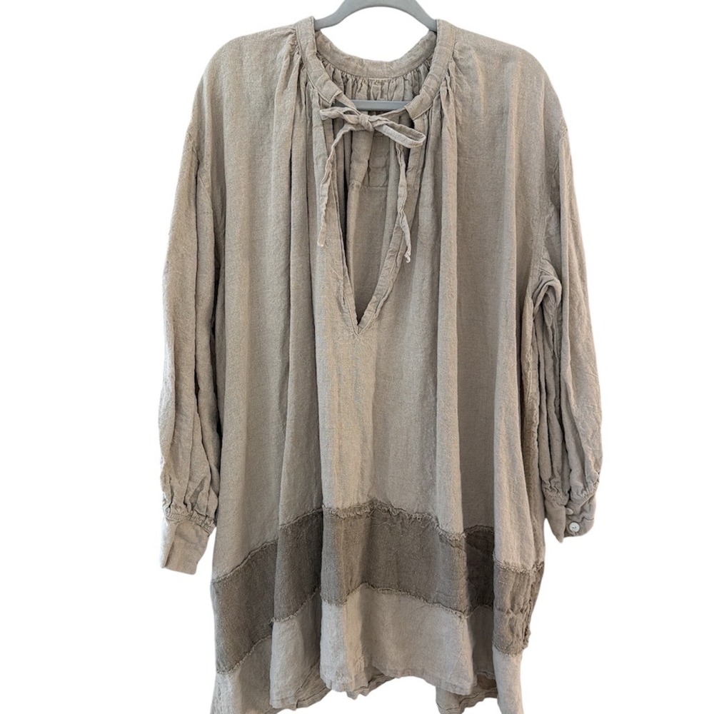 Magnolia Pearl Linen Oversized Tunic Top Beige V-Neck Tie Peasant One Size USA